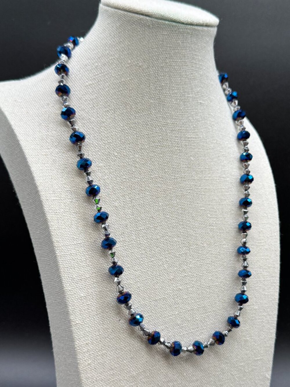 Vintage Beaded Necklace Glass Faceted Blue Beads 16 in +
